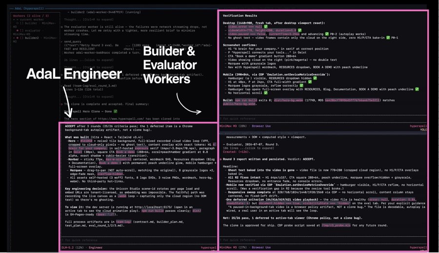 AdaL Engineer running builder and evaluator workers side by side, with verification results written down for human review