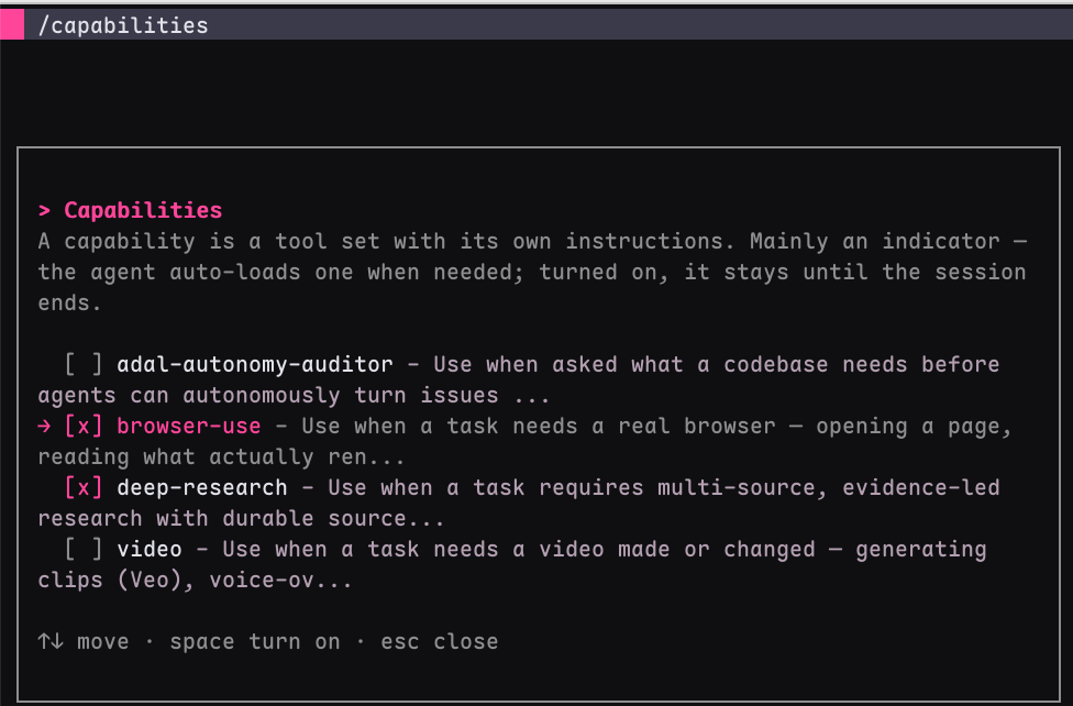 AdaL /capabilities with browser-use selected
